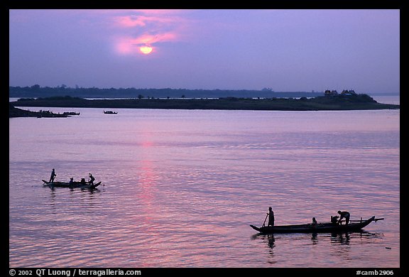 Boats at sunrise, Tonle Sap river,  Phnom Phen. Cambodia (color)