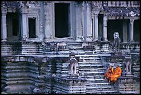 Buddhist monks on stairs, Angkor Wat. Angkor, Cambodia (color)