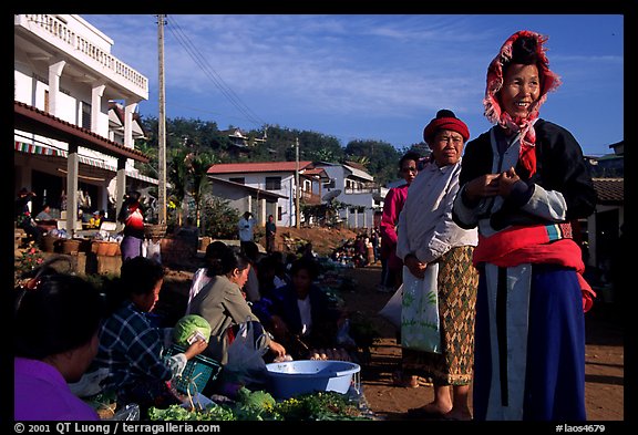 Women in tribal clothes at the Huay Xai market. Laos (color)