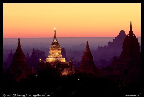 Illuminated pahto, sunrise. Bagan, Myanmar (color)