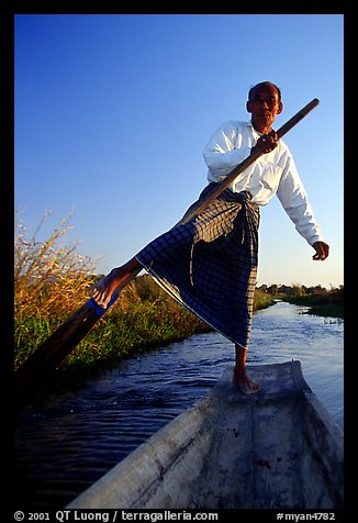 Intha man demonstrating leg-rowing. Inle Lake, Myanmar (color)