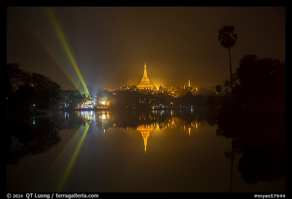 Kandawkyi Lake and 2014 new year lasers. Yangon, Myanmar