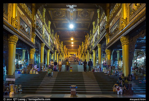 Eastern stairway bordered by souvenir stalls, Shwedagon Pagoda. Yangon, Myanmar (color)
