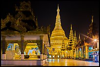 Saw Lapaw Pagoda, Sandawdwin Pagoda, and Main Chedi at night, Shwedagon Pagoda. Yangon, Myanmar ( color)