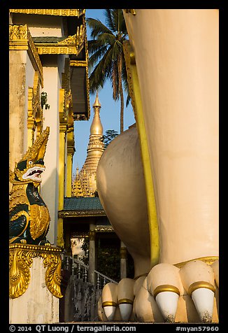 Architectural detail of West gate and Main Stupa, Shwedagon Pagoda. Yangon, Myanmar