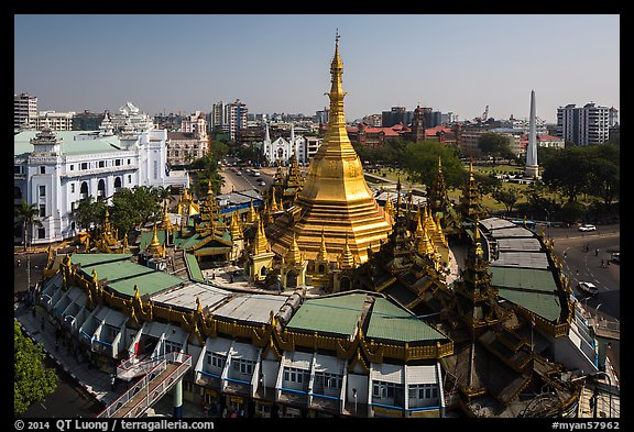 City Hall, Sule Pagoda, and Independence Monument. Yangon, Myanmar (color)