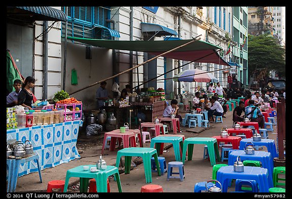 Outdoor eatery sitting on street. Yangon, Myanmar (color)