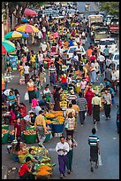 Street crowd from above with fruit and vegetable sellers. Yangon, Myanmar ( color)