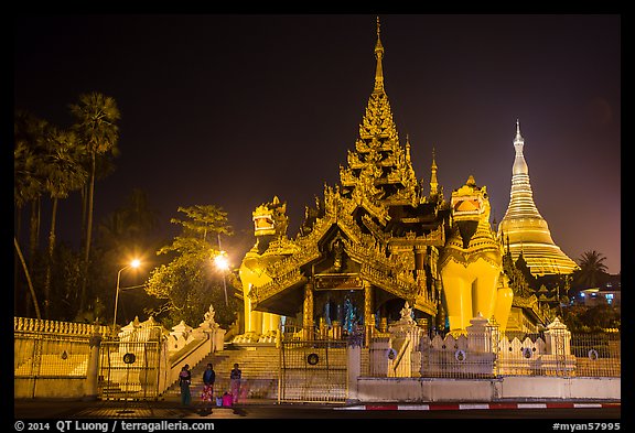 Southern gate guarded by two leogryphs and Main Stupa at night, Shwedagon Pagoda. Yangon, Myanmar