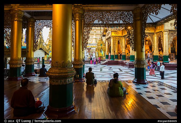 Platform seen from prayer hall, Shwedagon Pagoda. Yangon, Myanmar