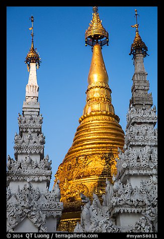 Detail of spires capped with unbrellas, Shwedagon Pagoda. Yangon, Myanmar