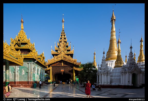 Northern stairway, pavillions, and stupas, Shwedagon Pagoda. Yangon, Myanmar (color)