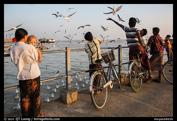 Yangon River pier with seagulls fed by visitors. Yangon, Myanmar