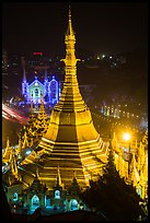 Sule Pagoda and Emmanuel Baptist Church at night. Yangon, Myanmar ( color)