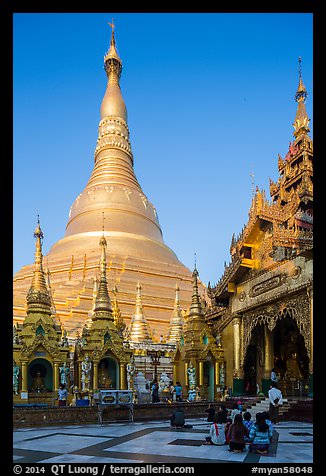 Planetary post, devotion hall, and main stupa, Shwedagon Pagoda. Yangon, Myanmar