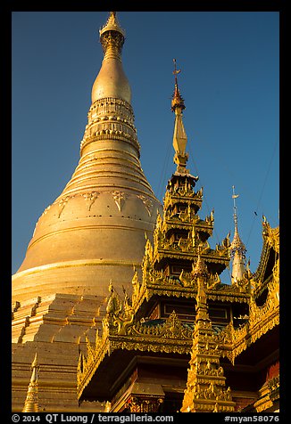 Roof of shrine and main spire, Shwedagon Pagoda. Yangon, Myanmar (color)