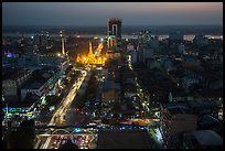 Elevated view of city center at dusk with Sule Pagoda and Yangon River. Yangon, Myanmar ( color)