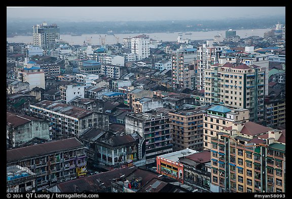 Indian quarter and Yangon River from above. Yangon, Myanmar