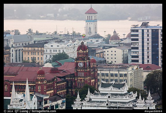 Colonial buildings and Yangon River from above. Yangon, Myanmar