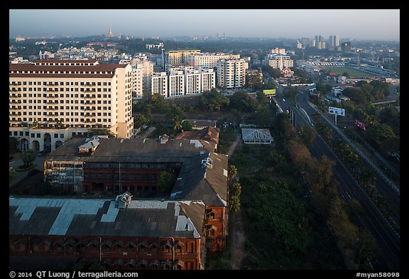 Old railway station and new appartment buildings from above. Yangon, Myanmar (color)
