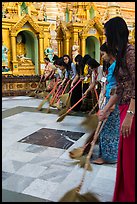 Women sweeping platform, Shwedagon Pagoda. Yangon, Myanmar ( color)
