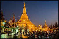 Praying from the Victory Ground, Shwedagon Pagoda, dusk. Yangon, Myanmar ( color)