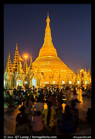 Golden dome seen from the Victory Ground at dusk, Shwedagon Pagoda. Yangon, Myanmar