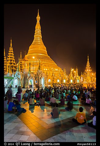 Golden dome seen from the Victory Ground at night, Shwedagon Pagoda. Yangon, Myanmar