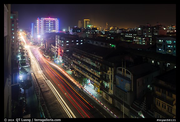 Street from above at night. Yangon, Myanmar (color)