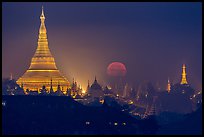 Moonset over Shwedagon Pagoda. Yangon, Myanmar ( color)