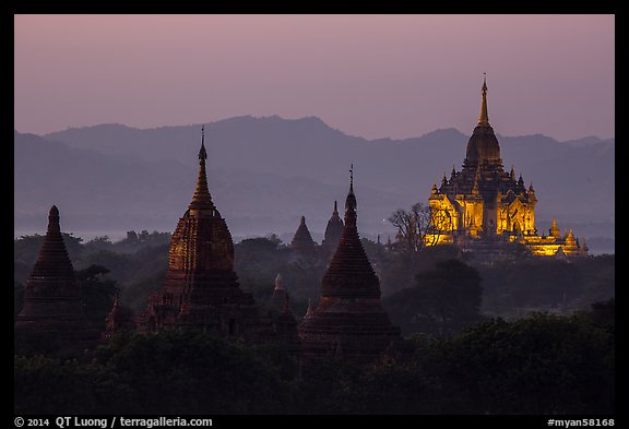 Temples seen from Shwesandaw at dusk. Bagan, Myanmar (color)