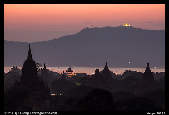 Temples and Ayeyarwaddy River at dusk. Bagan, Myanmar (color)