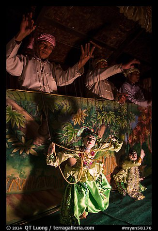 Marionettes handled by puppeteers. Bagan, Myanmar (color)