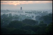Bagan tower and sun above morning mist. Bagan, Myanmar ( color)