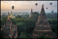 Temples and hot air ballons at sunrise. Bagan, Myanmar ( color)