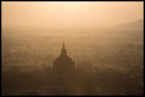 Aerial view of backlit temple in mist. Bagan, Myanmar ( color)