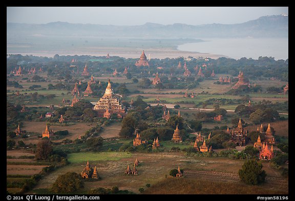 Aerial view of temples, cultivated lands, and Ayeyarwaddy River. Bagan, Myanmar
