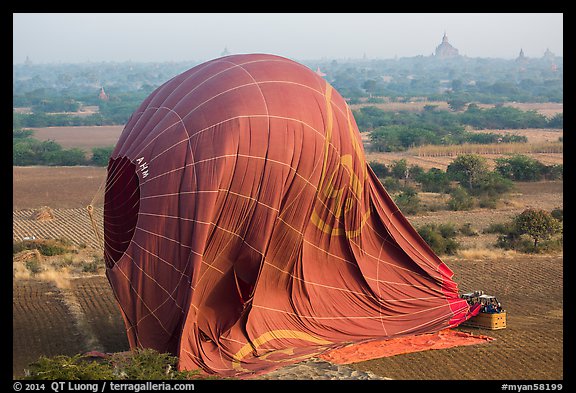 Aerial view of landed hot air balloon. Bagan, Myanmar (color)