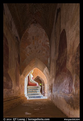 Corridor with frescoes and buddha statue, Sulamani temple. Bagan, Myanmar (color)