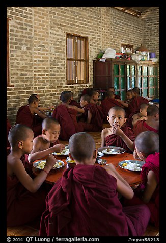 Young Buddhist monks in dining room. Bagan, Myanmar (color)