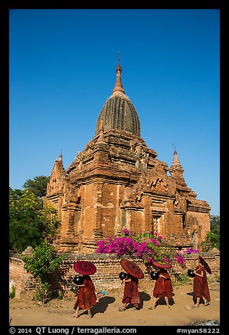 Four novices walk next to temple. Bagan, Myanmar (color)