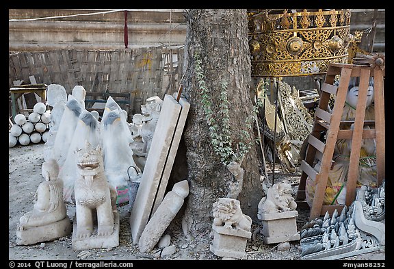 Assortment of sculptures, Marble street. Mandalay, Myanmar (color)