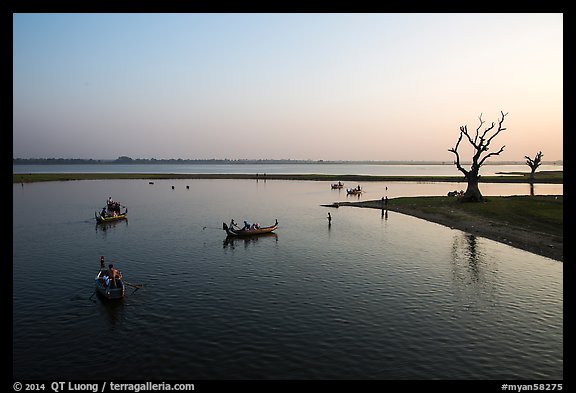 Tree skeletons and boats, Taungthaman Lake. Amarapura, Myanmar