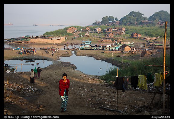 Huts on shore of Irrawaddy River. Mandalay, Myanmar (color)