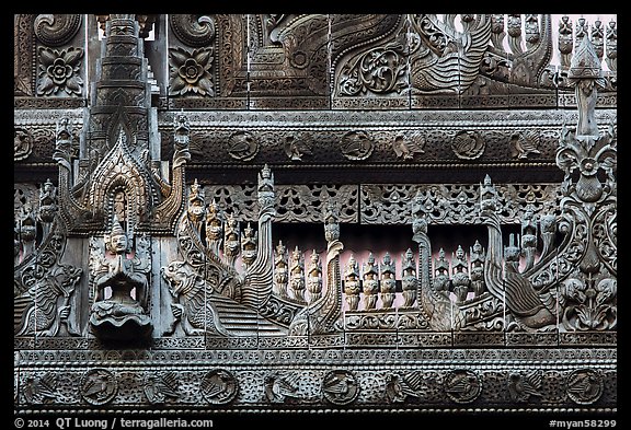 Detail of teak carving, Shwe In Bin Kyaung pagoda. Mandalay, Myanmar (color)