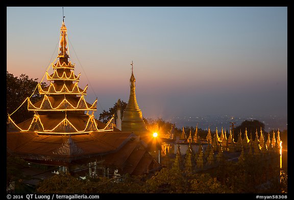 Sutaungpyei Pagoda on top of Mandalay Hill at dawn. Mandalay, Myanmar (color)