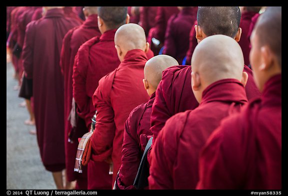 Shaven heads of monks, Mahagandayon Monastery. Amarapura, Myanmar (color)