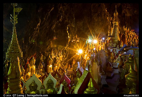 Stupas and buddha images in Pindaya Cave. Pindaya, Myanmar (color)