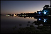 Pone Tanoke Lake at night with illuminated trees and pagoda. Pindaya, Myanmar ( color)