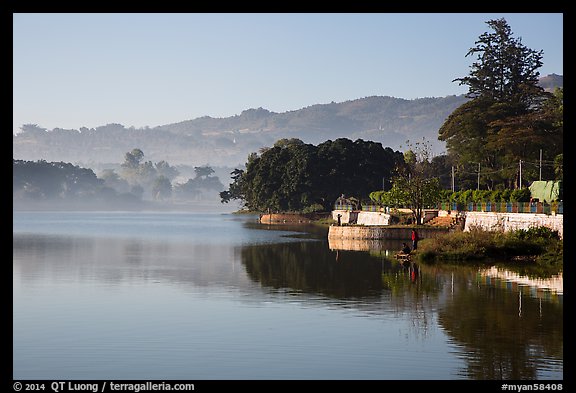 Pone Tanoke Lake with early morning mist. Pindaya, Myanmar